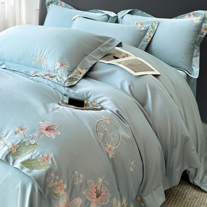 91家纺网 家纺一手货源 找家纺 宅家居 2024轻奢小香风双面纯棉长绒棉四件套香奈百合-繁星蓝