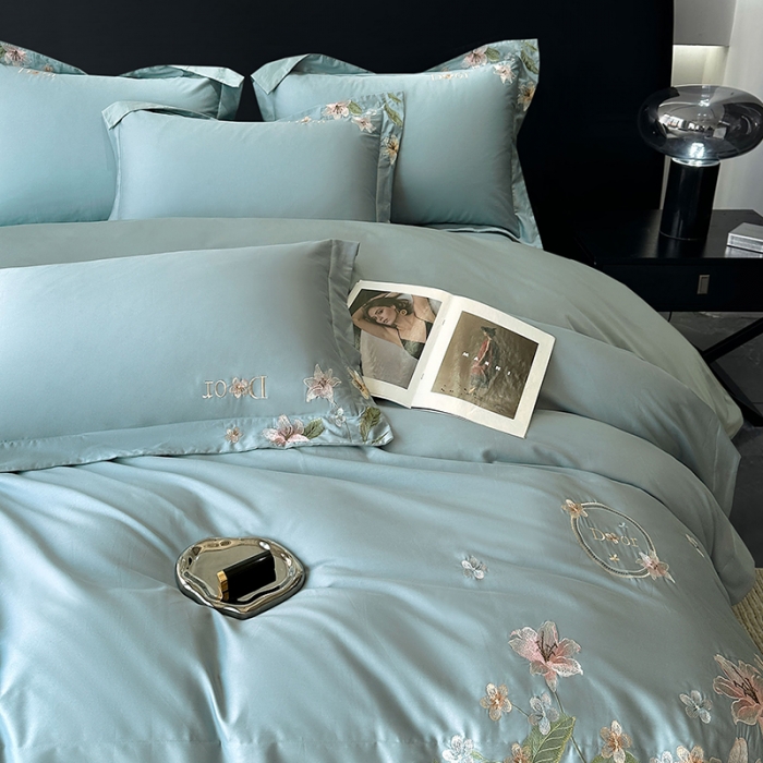 91家纺网 家纺一手货源 找家纺 宅家居 2024轻奢小香风双面纯棉长绒棉四件套香奈百合-繁星蓝