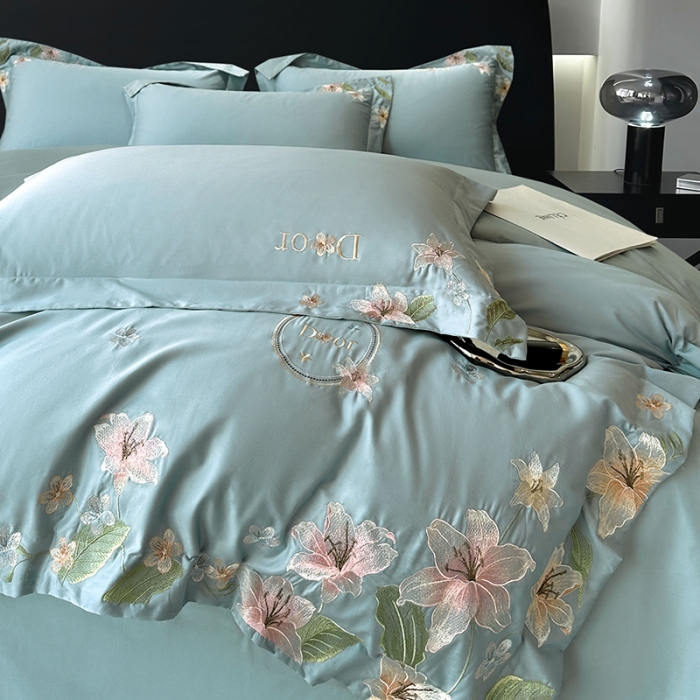 91家纺网 家纺一手货源 找家纺 宅家居 2024轻奢小香风双面纯棉长绒棉四件套香奈百合-繁星蓝