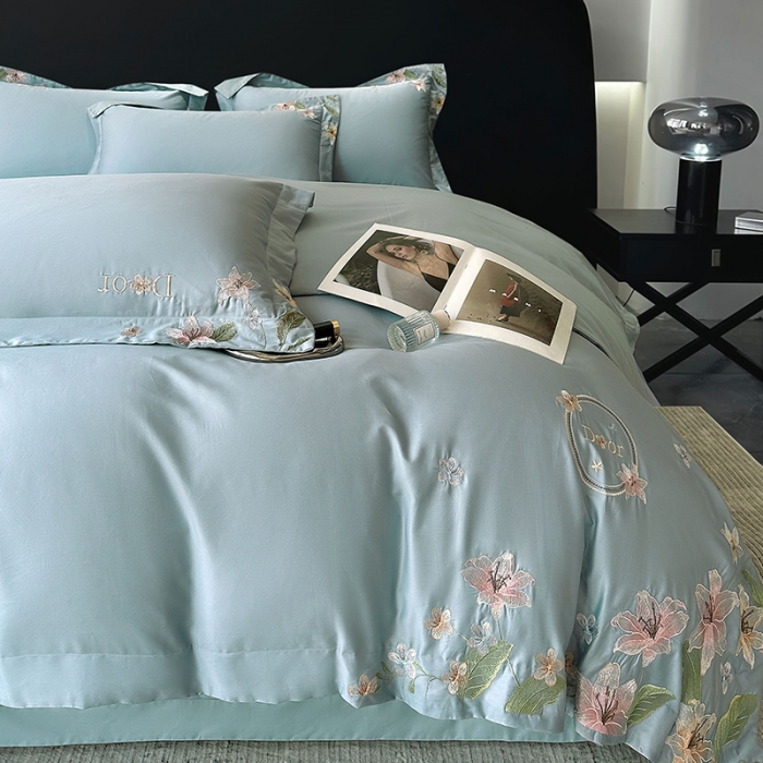 91家纺网 家纺一手货源 找家纺 宅家居 2024轻奢小香风双面纯棉长绒棉四件套香奈百合-繁星蓝