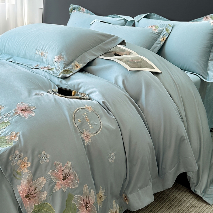 91家纺网 家纺一手货源 找家纺 宅家居 2024轻奢小香风双面纯棉长绒棉四件套香奈百合-繁星蓝