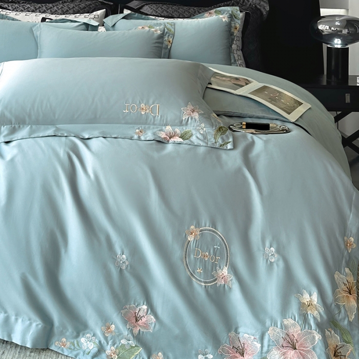 91家纺网 家纺一手货源 找家纺 宅家居 2024轻奢小香风双面纯棉长绒棉四件套香奈百合-繁星蓝