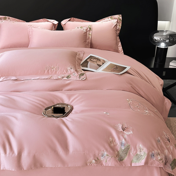 91家纺网 家纺一手货源 找家纺 宅家居 2024轻奢小香风双面纯棉长绒棉四件套-梦百合 香奈百合-粉玉