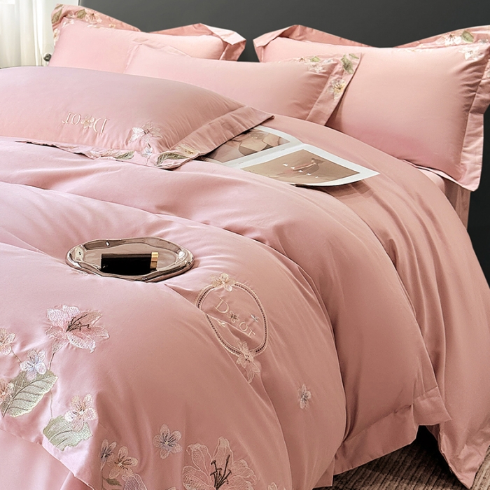 91家纺网 家纺一手货源 找家纺 宅家居 2024轻奢小香风双面纯棉长绒棉四件套-梦百合 香奈百合-粉玉