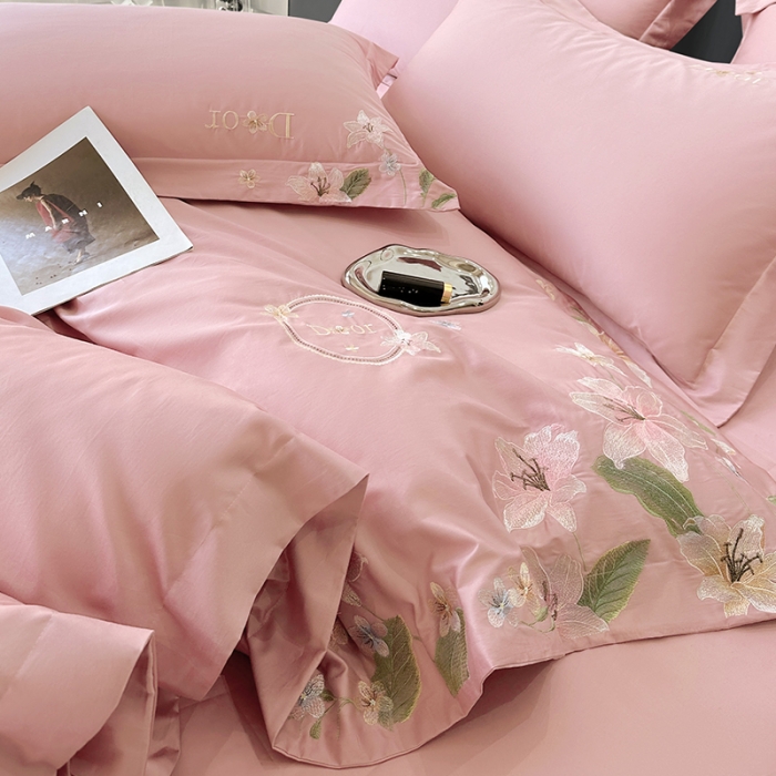 91家纺网 家纺一手货源 找家纺 宅家居 2024轻奢小香风双面纯棉长绒棉四件套-梦百合 香奈百合-粉玉