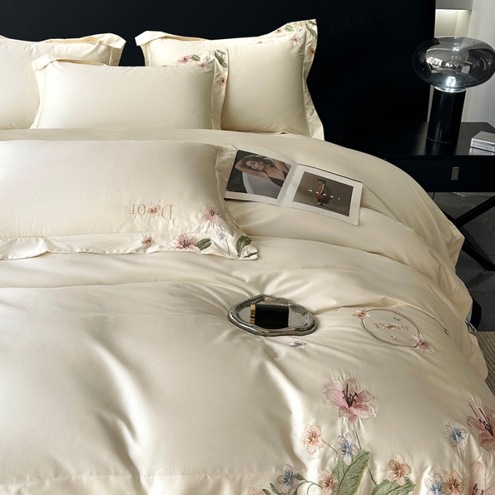 91家纺网 家纺一手货源 找家纺 宅家居 2024轻奢小香风双面纯棉长绒棉四件套 香奈百合-奶白