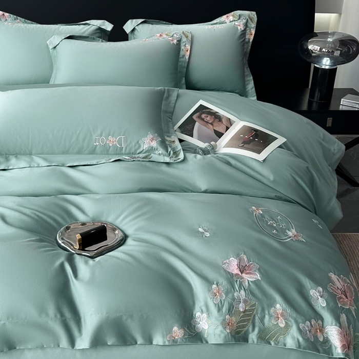 91家纺网 家纺一手货源 找家纺 宅家居 2024轻奢小香风双面纯棉长绒棉四件套香奈百合-松石绿