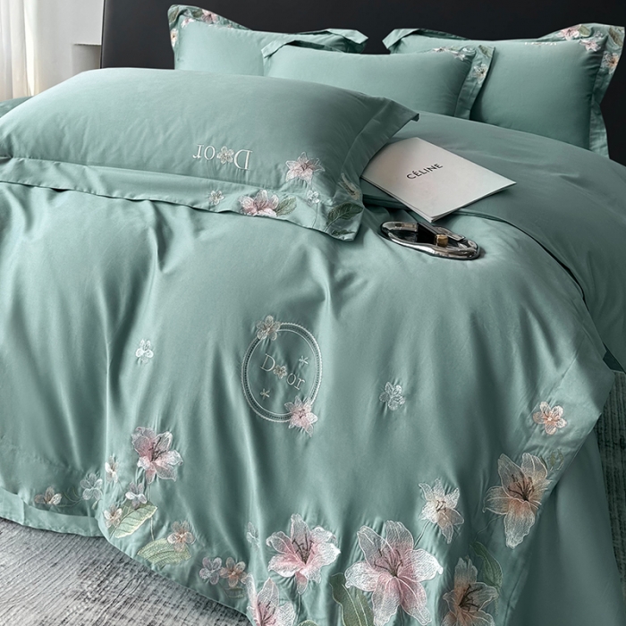 91家纺网 家纺一手货源 找家纺 宅家居 2024轻奢小香风双面纯棉长绒棉四件套香奈百合-松石绿