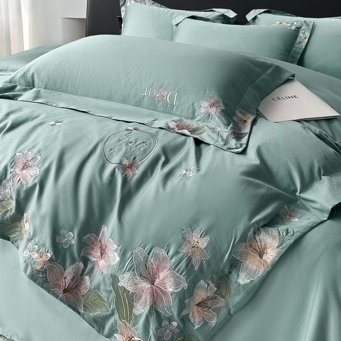 91家纺网 家纺一手货源 找家纺 宅家居 2024轻奢小香风双面纯棉长绒棉四件套香奈百合-松石绿