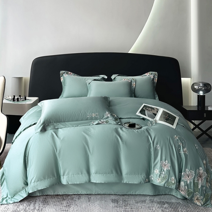 91家纺网 家纺一手货源 找家纺 宅家居 2024轻奢小香风双面纯棉长绒棉四件套香奈百合-松石绿