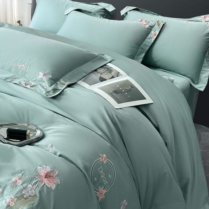 91家纺网 家纺一手货源 找家纺 宅家居 2024轻奢小香风双面纯棉长绒棉四件套香奈百合-松石绿