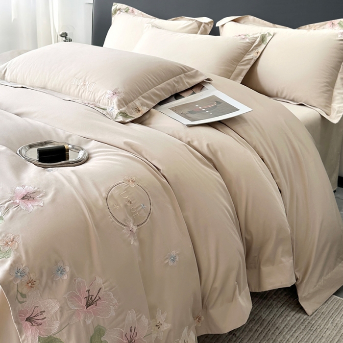 91家纺网 家纺一手货源 找家纺 宅家居 2024轻奢小香风双面纯棉长绒棉四件套香奈百合-香槟金