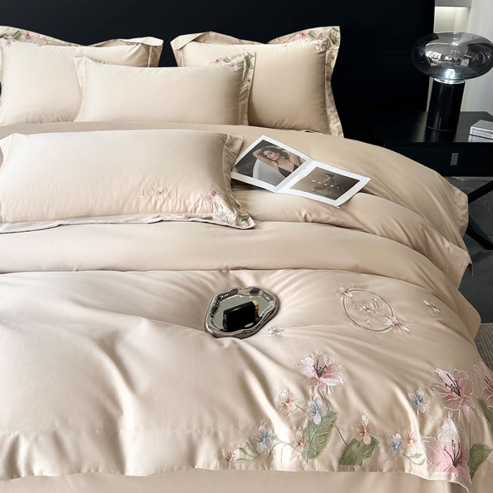 91家纺网 家纺一手货源 找家纺 宅家居 2024轻奢小香风双面纯棉长绒棉四件套香奈百合-香槟金