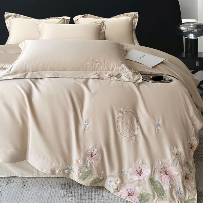 91家纺网 家纺一手货源 找家纺 宅家居 2024轻奢小香风双面纯棉长绒棉四件套香奈百合-香槟金