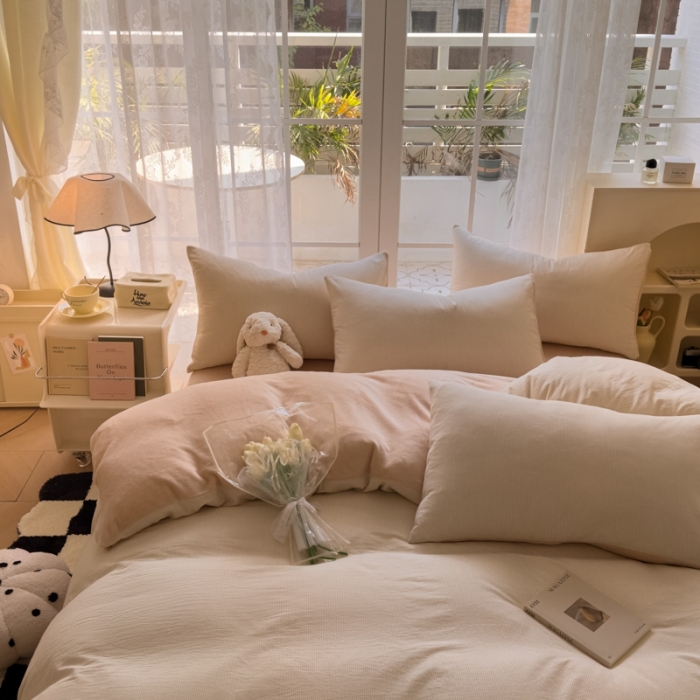 91家纺网 家纺一手货源 找家纺 柠萌 2023新款全棉色织水洗棉加牛奶绒四件套全棉拼牛奶绒棉+绒米密条