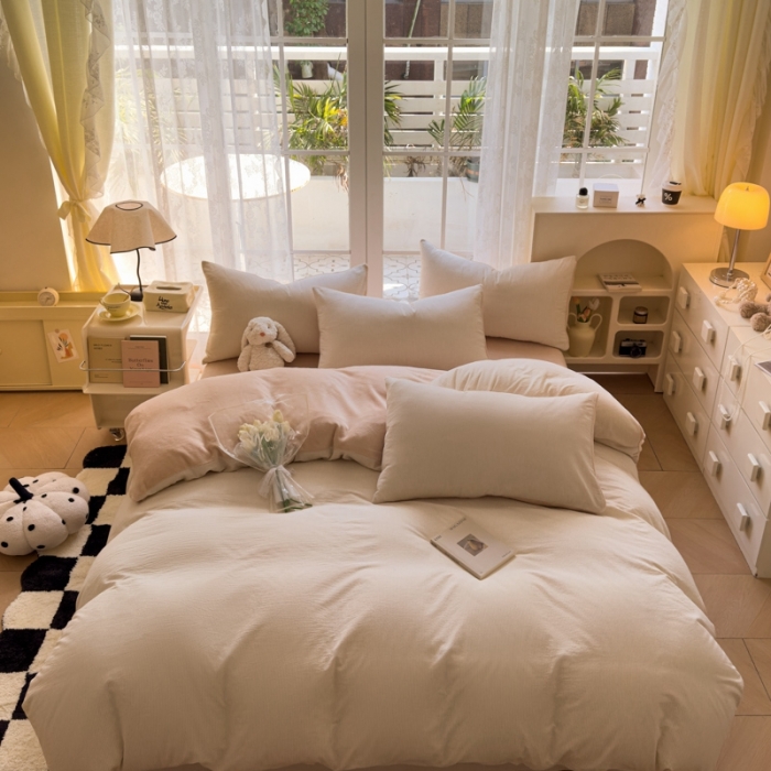 91家纺网 家纺一手货源 找家纺 （总）柠萌家居 2023新款全棉色织水洗棉加牛奶绒四件套全棉拼牛奶绒