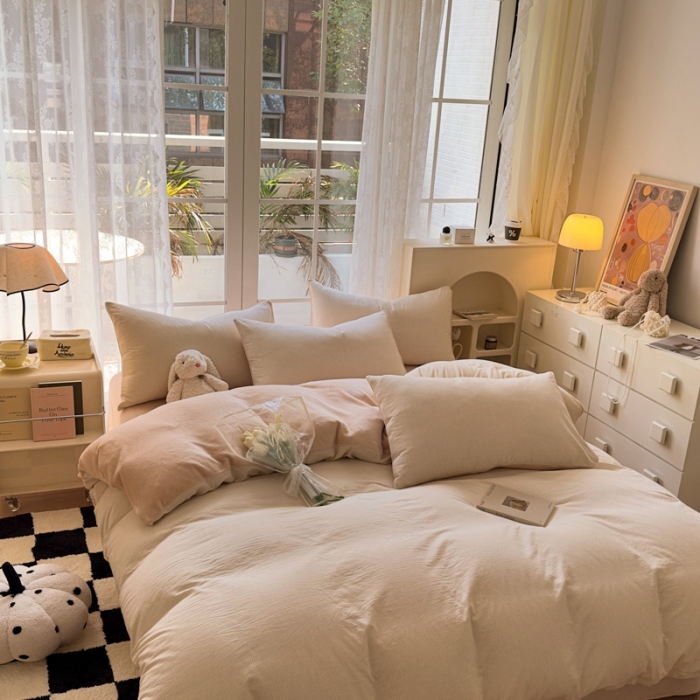 91家纺网 家纺一手货源 找家纺 （总）柠萌家居 2023新款全棉色织水洗棉加牛奶绒四件套全棉拼牛奶绒