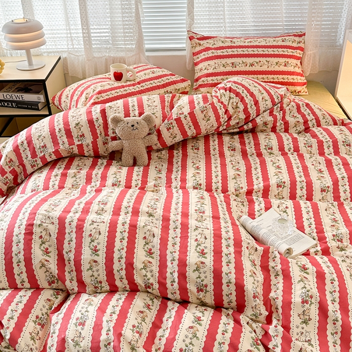 91家纺网 家纺一手货源 找家纺 昔可 2023新款全棉小清新兔子四件套 红色蕾丝条兔