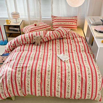 昔可 2023新款全棉小清新兔子四件套 红色蕾丝条兔