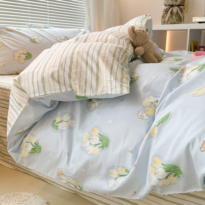 91家纺网 家纺一手货源 找家纺 昔可 2023新款全棉小清新兔子四件套 蓝色花园