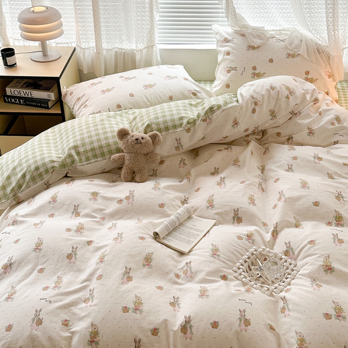 91家纺网 家纺一手货源 找家纺 昔可 2023新款全棉小清新兔子四件套 甜心篮子兔