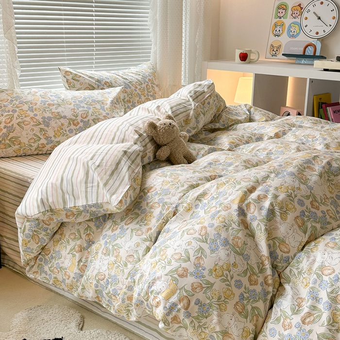 91家纺网 家纺一手货源 找家纺 昔可 2023新款全棉小清新兔子四件套 郁金小白兔