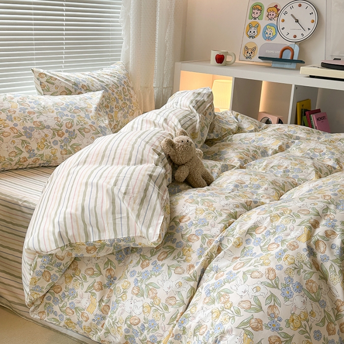 91家纺网 家纺一手货源 找家纺 昔可 2023新款全棉小清新兔子四件套 郁金小白兔