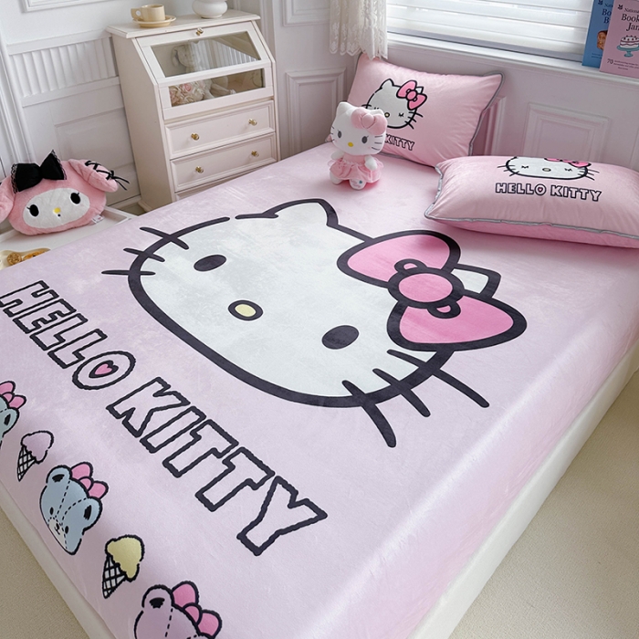 91家纺网 家纺一手货源 找家纺 蘭菲家纺 2023新款宝宝绒卡通印花床笠 粉系