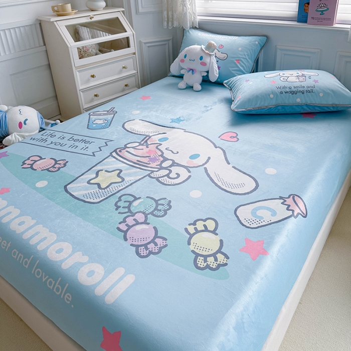 91家纺网 家纺一手货源 找家纺 蘭菲家纺 2023新款宝宝绒卡通印花床笠 奶茶来了