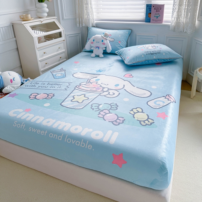 91家纺网 家纺一手货源 找家纺 蘭菲家纺 2023新款宝宝绒卡通印花床笠 奶茶来了