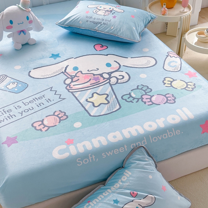 91家纺网 家纺一手货源 找家纺 蘭菲家纺 2023新款宝宝绒卡通印花床笠 奶茶来了