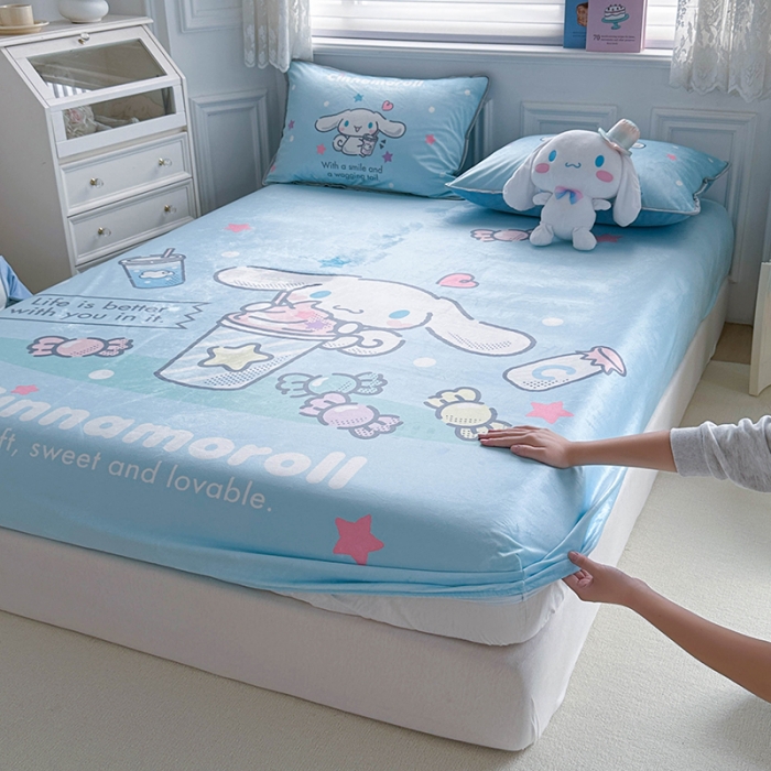 91家纺网 家纺一手货源 找家纺 蘭菲家纺 2023新款宝宝绒卡通印花床笠 奶茶来了