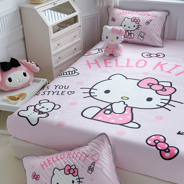 91家纺网 家纺一手货源 找家纺 蘭菲家纺 2023新款宝宝绒卡通印花床笠 甜心KT