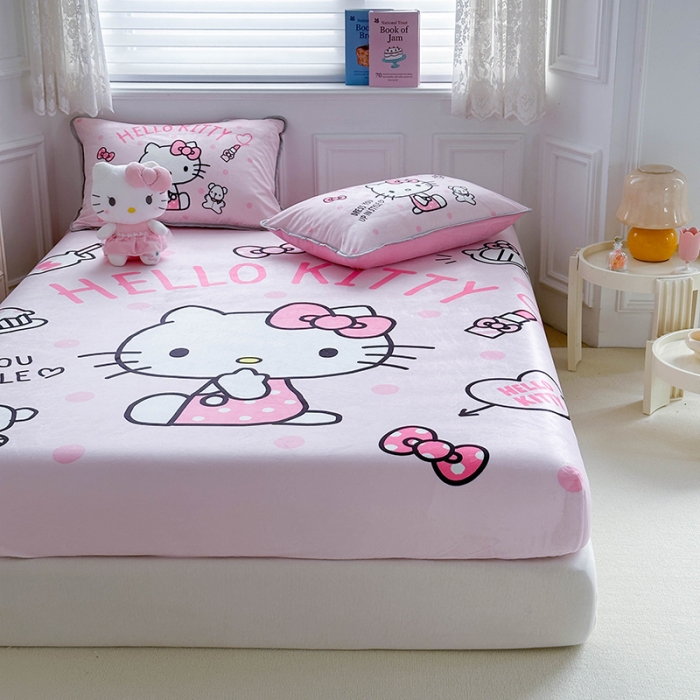 91家纺网 家纺一手货源 找家纺 蘭菲家纺 2023新款宝宝绒卡通印花床笠 甜心KT