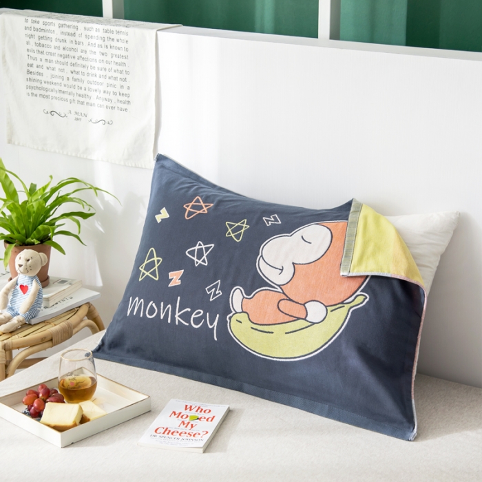 91家纺网 家纺一手货源 找家纺 朴尔家纺 2023新款儿童定位卡通大版花全棉四层纱布枕巾 香蕉猴