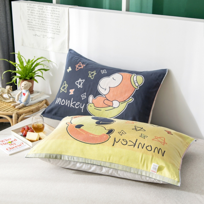 91家纺网 家纺一手货源 找家纺 朴尔家纺 2023新款儿童定位卡通大版花全棉四层纱布枕巾 香蕉猴