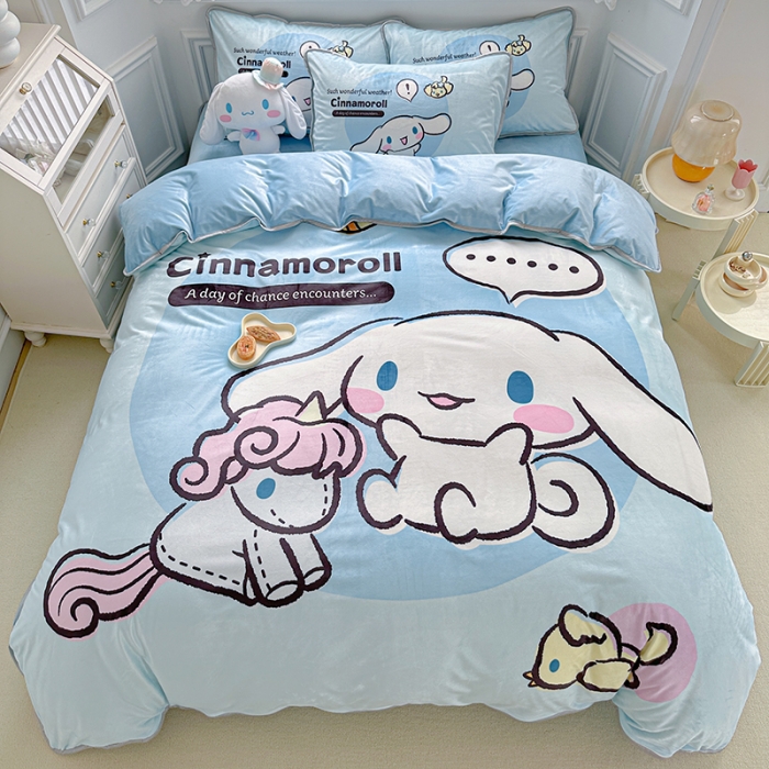 91家纺网 家纺一手货源 找家纺 蘭菲家纺 2023新款宝宝绒卡通印花四件套及单品 布丁