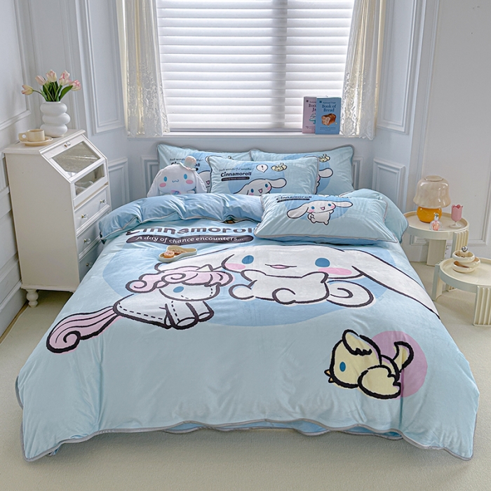 91家纺网 家纺一手货源 找家纺 蘭菲家纺 2023新款宝宝绒卡通印花四件套及单品 布丁