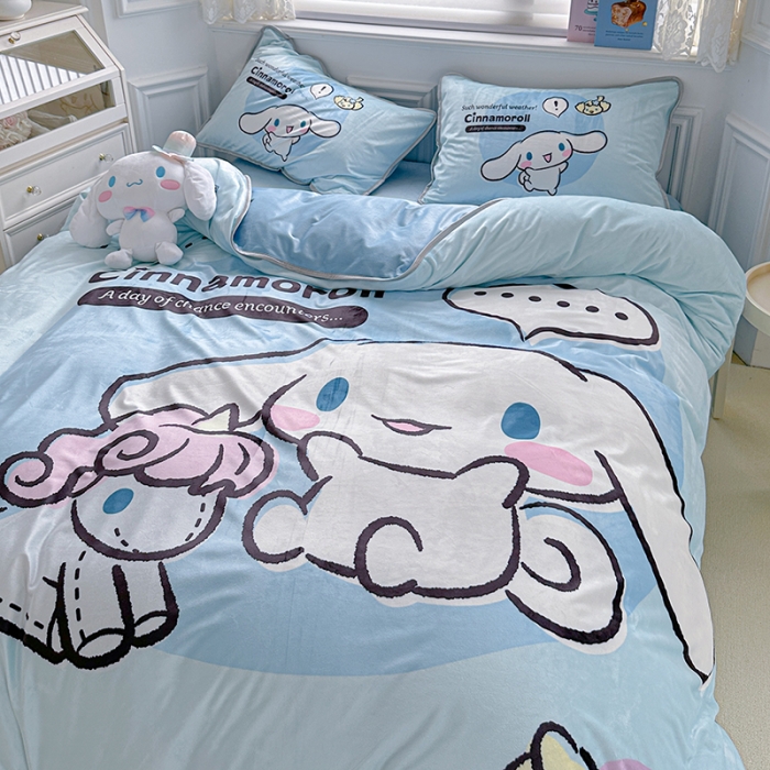 91家纺网 家纺一手货源 找家纺 蘭菲家纺 2023新款宝宝绒卡通印花四件套及单品 布丁