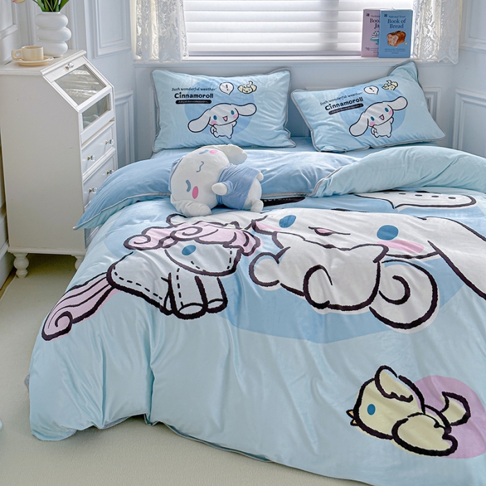 91家纺网 家纺一手货源 找家纺 蘭菲家纺 2023新款宝宝绒卡通印花四件套及单品 布丁