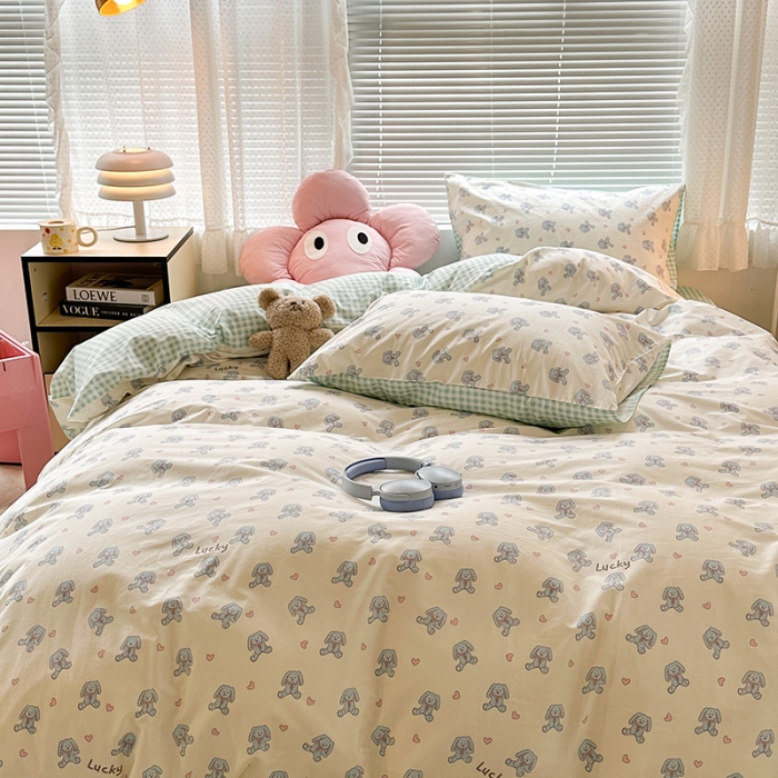 91家纺网 家纺一手货源 找家纺 昔可 2023新款全棉小卡通爱心四件套 爱心玩偶兔