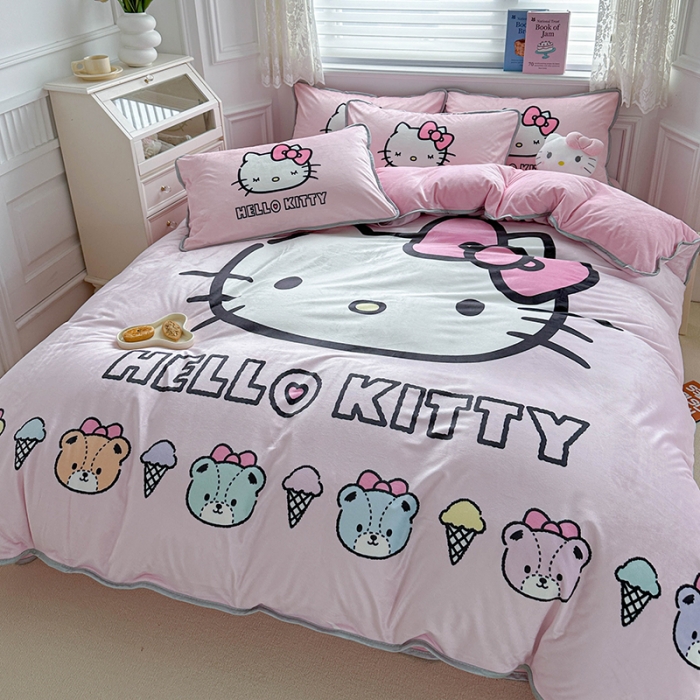 91家纺网 家纺一手货源 找家纺 蘭菲家纺 2023新款宝宝绒卡通印花四件套及单品 粉系