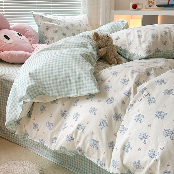 91家纺网 家纺一手货源 找家纺 昔可 2023新款全棉小卡通爱心四件套 爱心玩偶兔