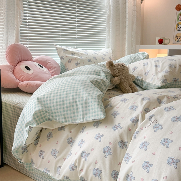 91家纺网 家纺一手货源 找家纺 昔可 2023新款全棉小卡通爱心四件套 爱心玩偶兔