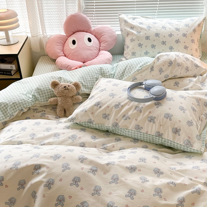 91家纺网 家纺一手货源 找家纺 昔可 2023新款全棉小卡通爱心四件套 爱心玩偶兔