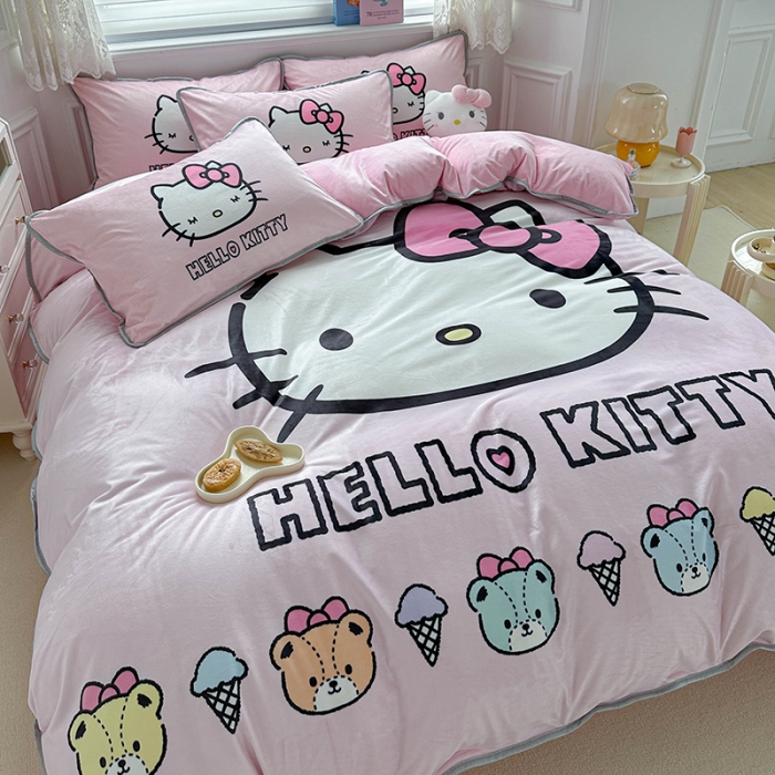 91家纺网 家纺一手货源 找家纺 蘭菲家纺 2023新款宝宝绒卡通印花四件套及单品 粉系