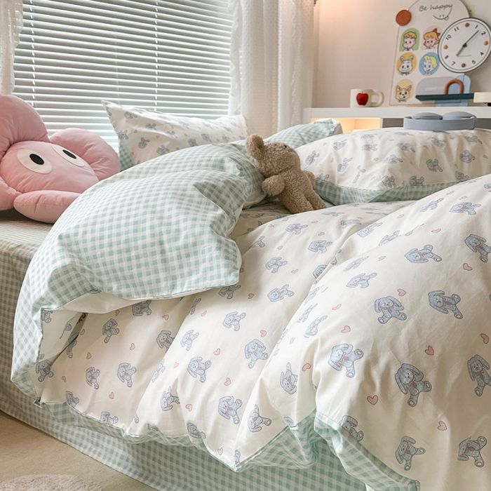 91家纺网 家纺一手货源 找家纺 昔可 2023新款全棉小卡通爱心四件套 爱心玩偶兔