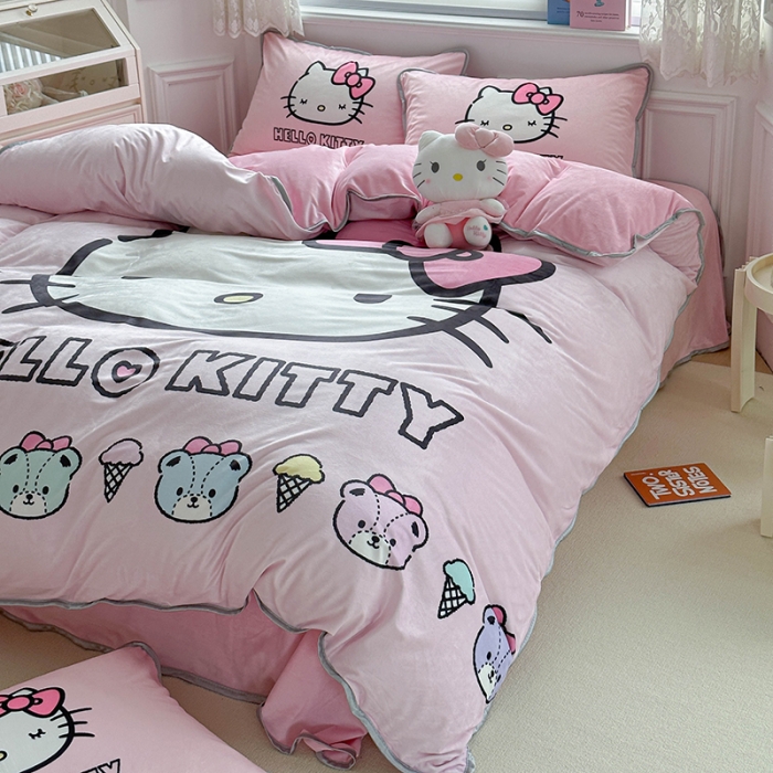 91家纺网 家纺一手货源 找家纺 蘭菲家纺 2023新款宝宝绒卡通印花四件套及单品 粉系