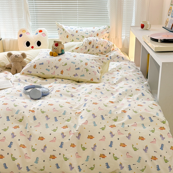 91家纺网 家纺一手货源 找家纺 昔可 2023新款全棉小卡通爱心四件套 多彩恐龙