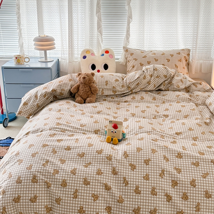 91家纺网 家纺一手货源 找家纺 昔可 2023新款全棉小卡通爱心四件套 棕格小熊